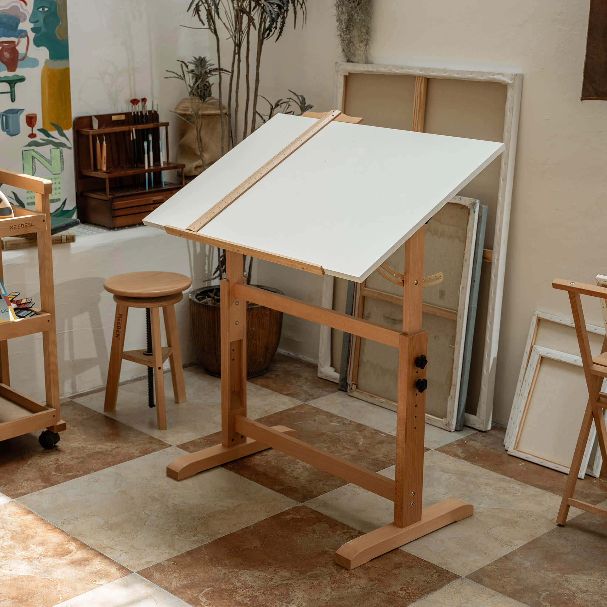 meeden-xsz-5-set-table-dessin-tabouret-blanc-bois image 3