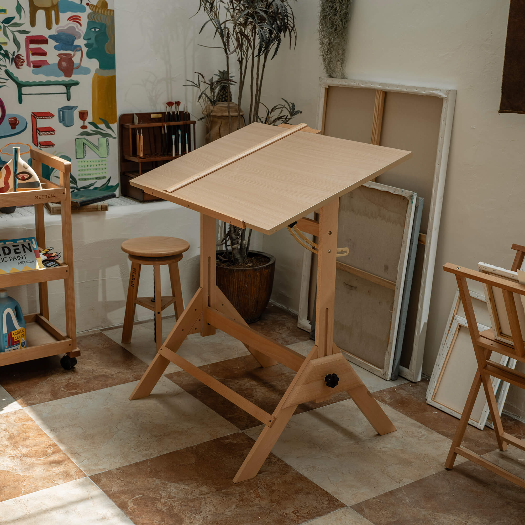 meeden-desks-xsz-2-table-dessin-bois-tabouret-naturel image 7