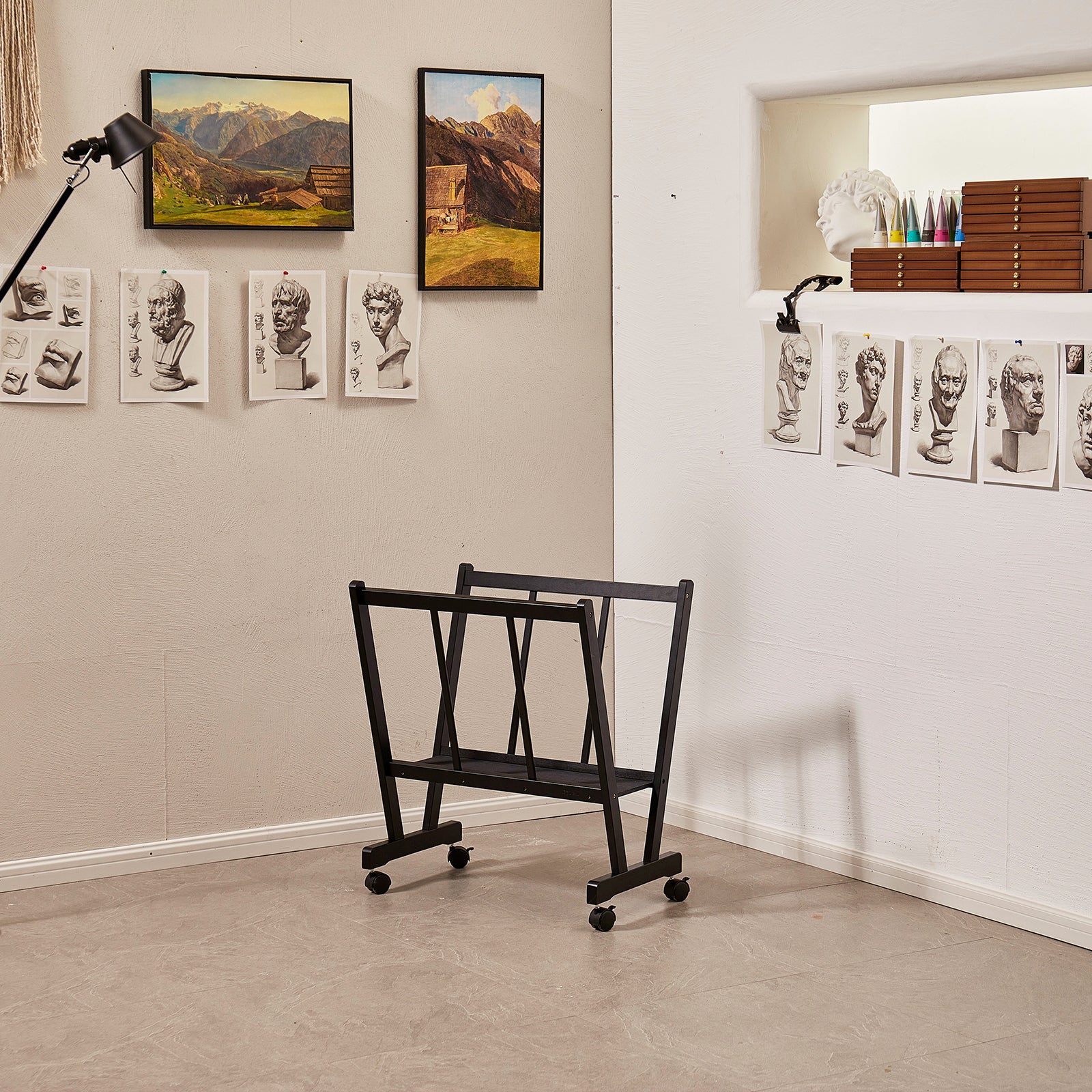 meeden-racks-range-toiles-bois-grand-noir-roulettes image 2