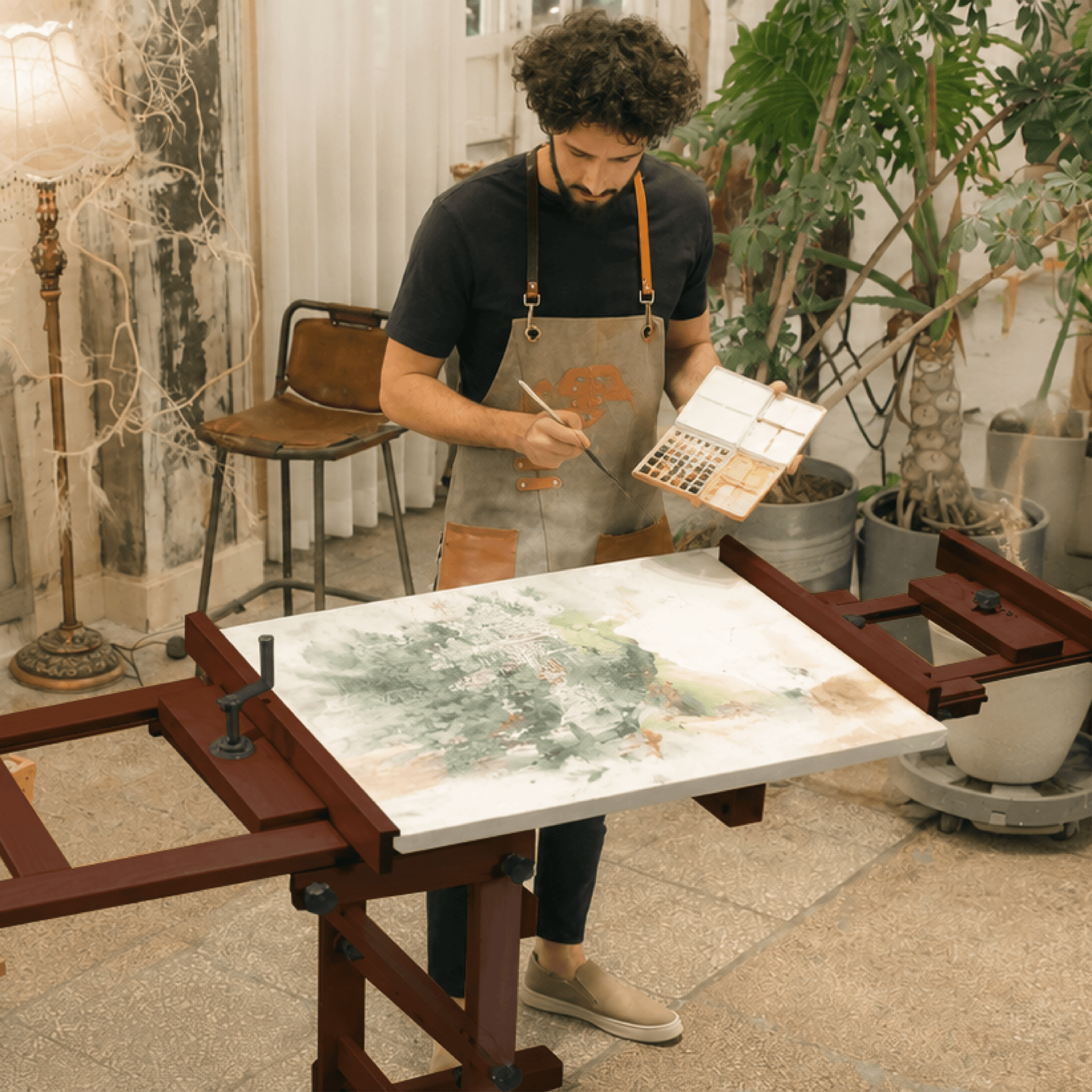 meeden-dhj-12-chevalet-atelier-bois-noyer-manivelle-roulettes image 2