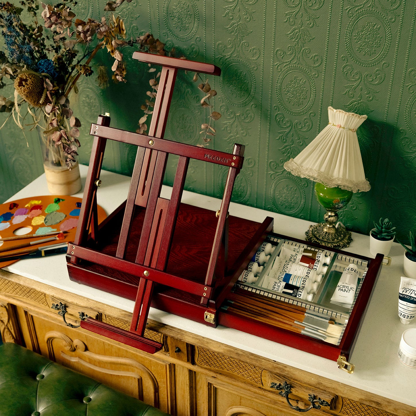 meeden-w05b-chevalet-de-table-tiroir-noyer-toile-86-cm image 2