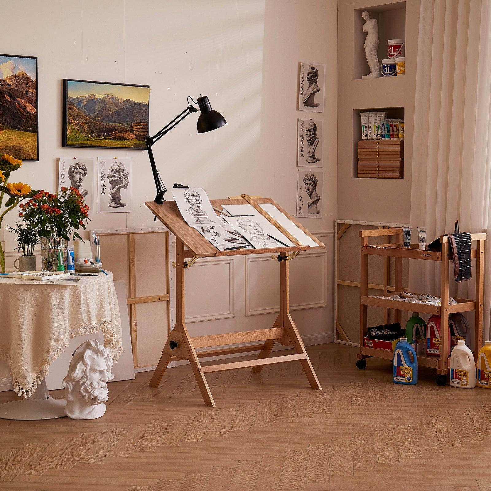 meeden-desks-xsz-2-table-dessin-bois-tabouret-naturel image 2