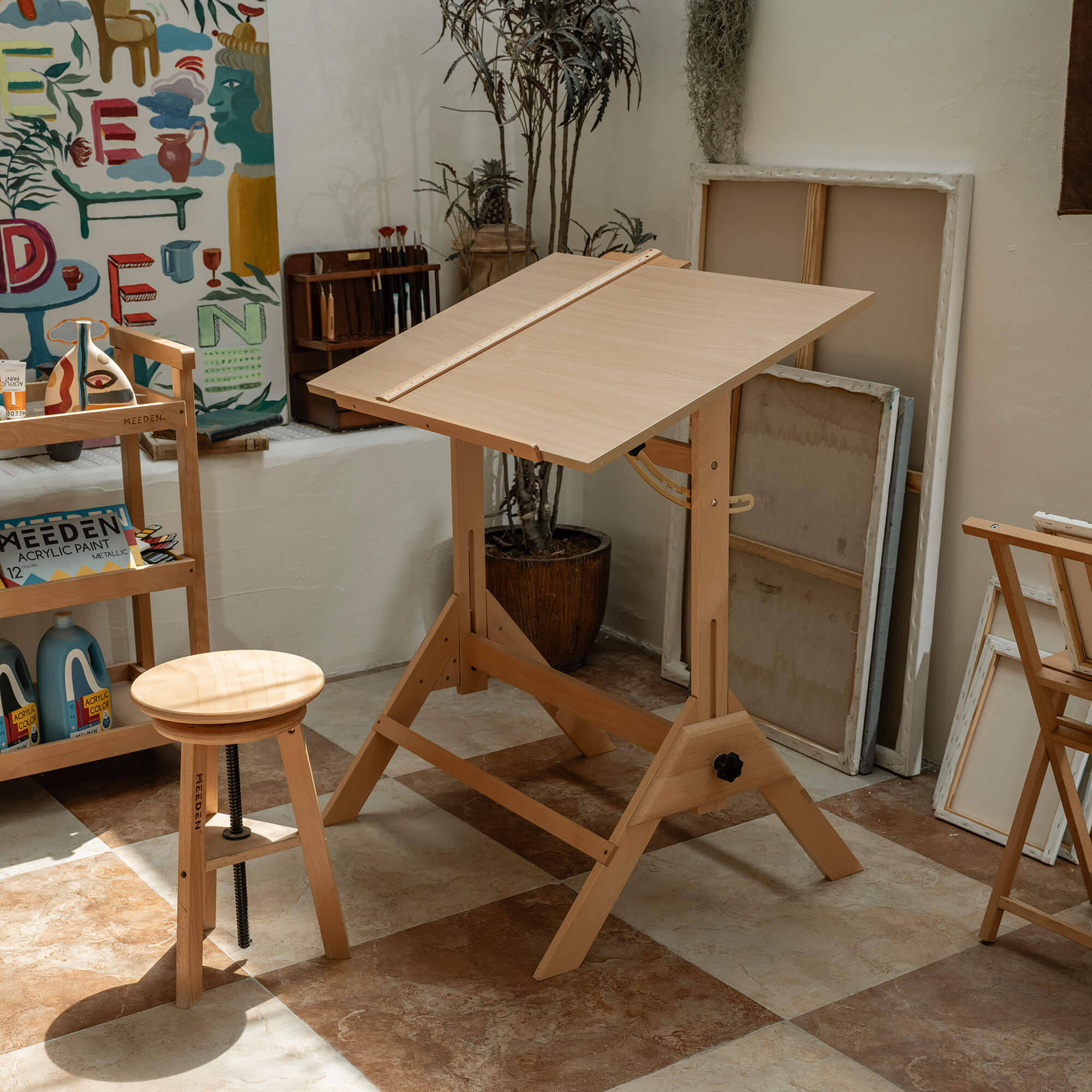 meeden-xsz-2-table-dessin-bois-naturel-tabouret image 2