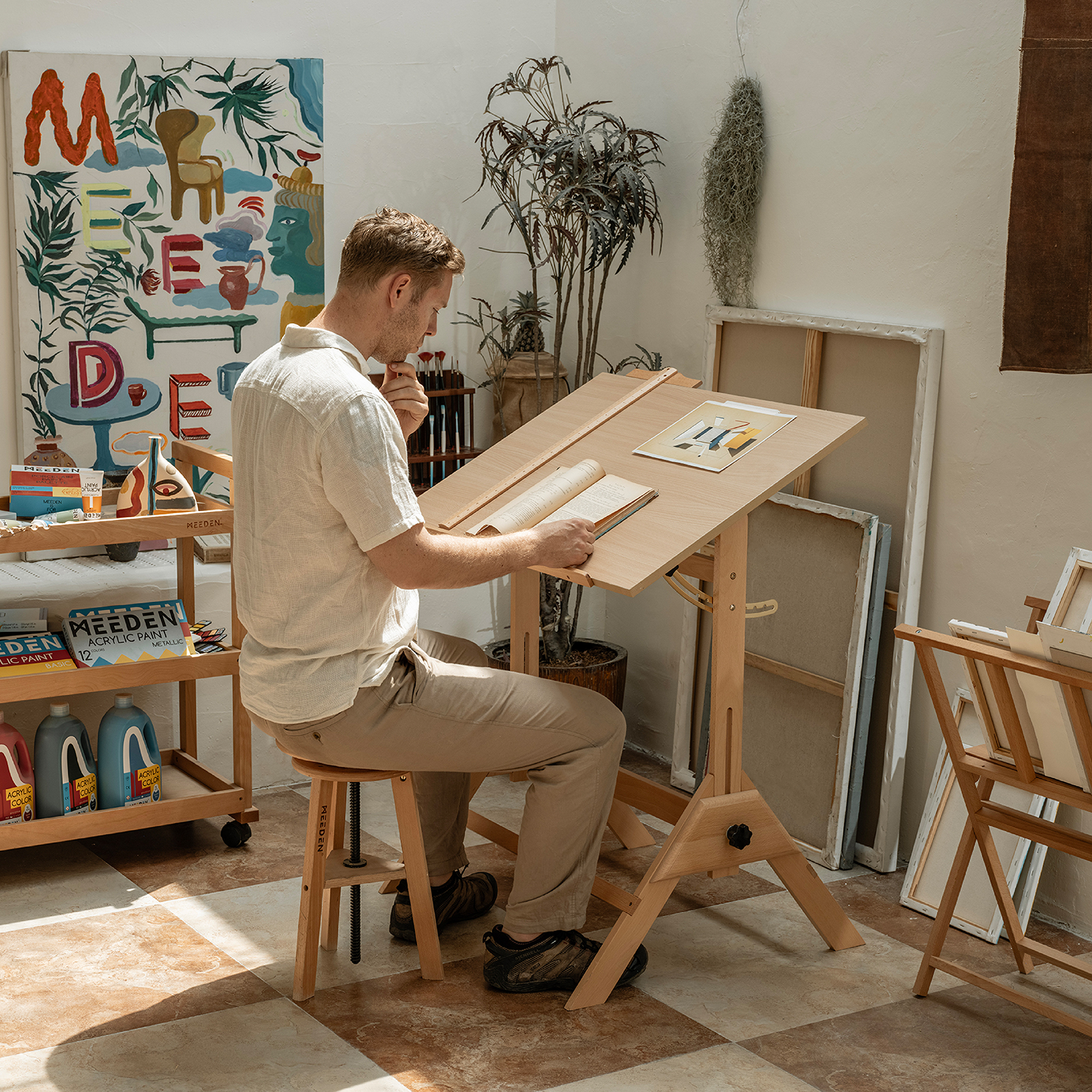 meeden-desks-xsz-2-table-dessin-bois-tabouret-naturel image 4