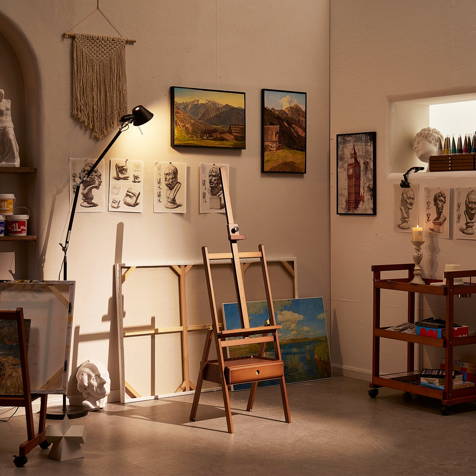 meeden-hj-1a-chevalet-d-atelier-bois-noyer-tiroir image 4