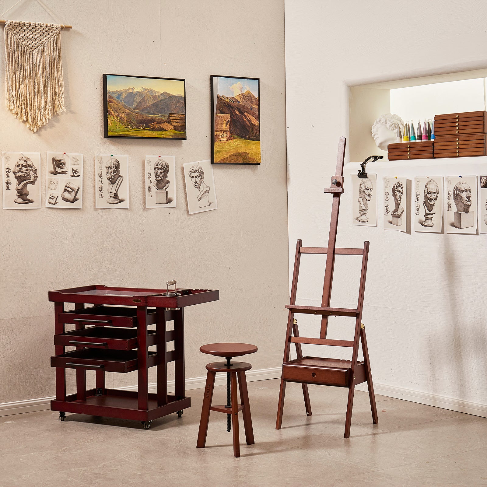 meeden-hj-1a-chevalet-d-atelier-bois-noyer-tiroir image 2